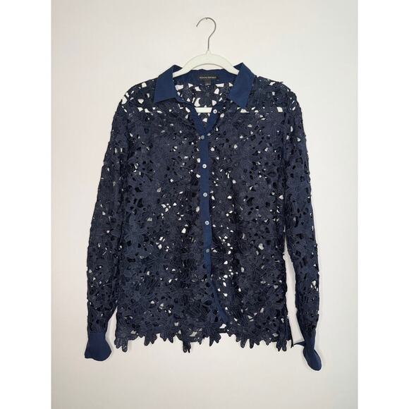 NWOT Banana Republic Womens Open Floral Lace Preppy Button Navy Blouse Large - Picture 3 of 9